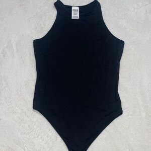 VS Pink Large thong body suit in black. High neckline with cutout back. NWOT